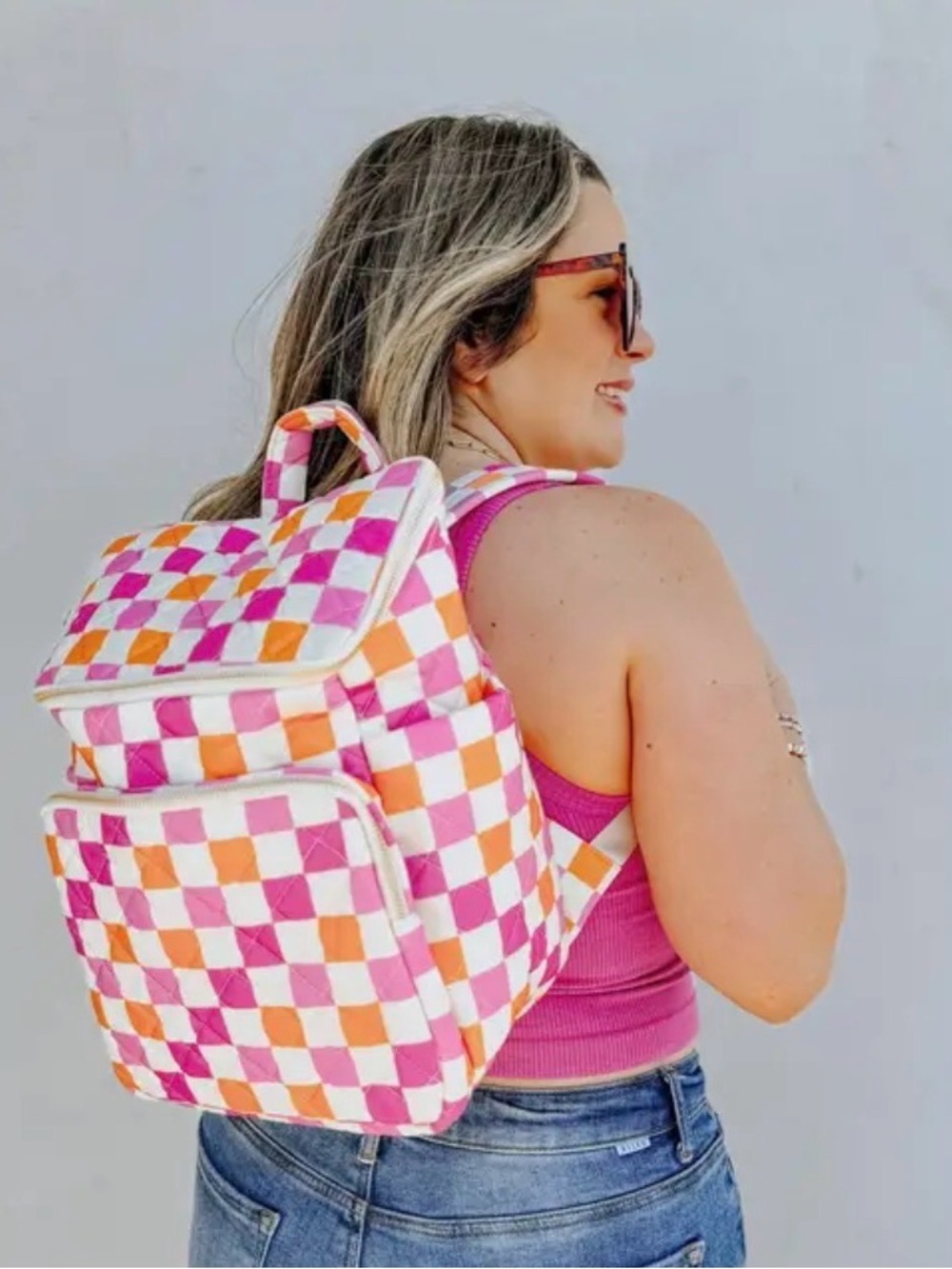 Mugsby Pink Orange Checker Insulated Lunch Backpack